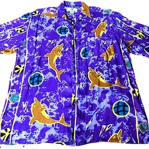 CHIAMARE Vintage 90’s Hawaiian Dolphin Short Sleeve Shirt Size Large Beach Vibe